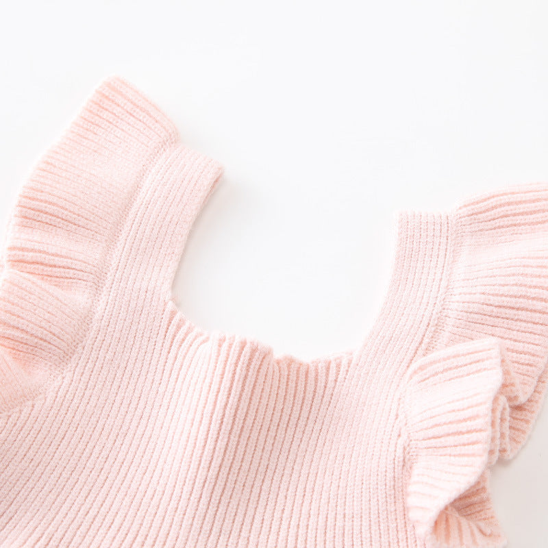 Arrival Summer Baby Kids Girls Plain Simple Solid Color Fly Sleeves Knitted Dress-3