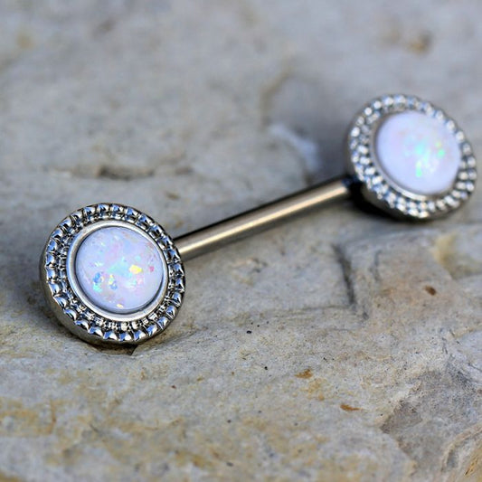 316L Stainless Steel Ornate White Synthetic Opal Nipple Bar-0