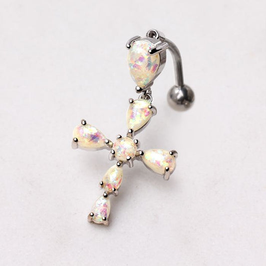 316L Stainless Steel White Synthetic Opal Cross Top Down Navel Ring-1