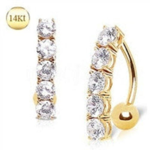 14Kt Yellow Gold Navel Ring with Top Down 5 Round Gems-1