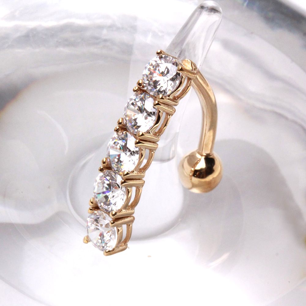 14Kt Yellow Gold Navel Ring with Top Down 5 Round Gems-0