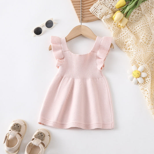 Arrival Summer Baby Kids Girls Plain Simple Solid Color Fly Sleeves Knitted Dress-1