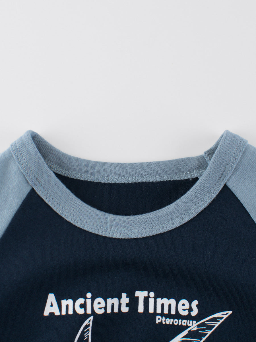 Autumn Baby Boys Letters and Lion Print Color Patchwork Long Sleeves Crew Neck Base Top Shirt-1
