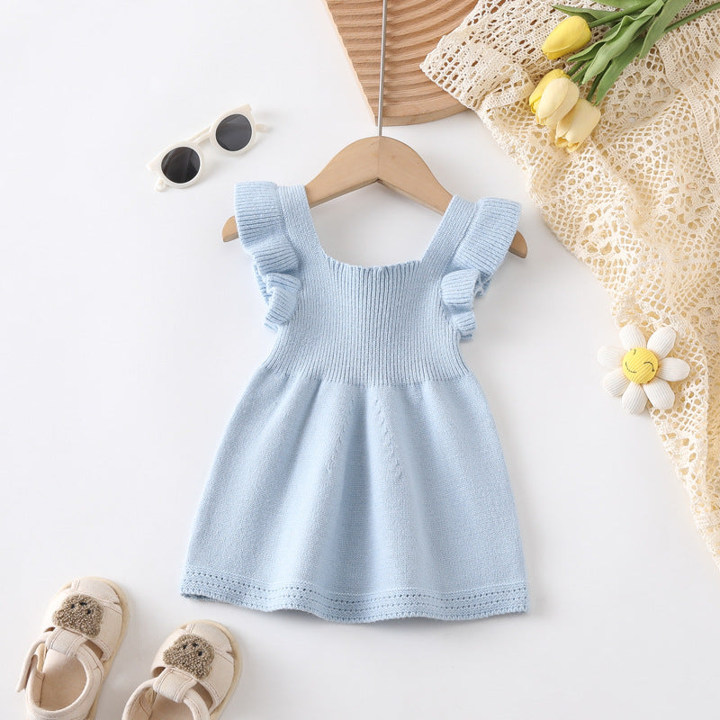 Arrival Summer Baby Kids Girls Plain Simple Solid Color Fly Sleeves Knitted Dress-2