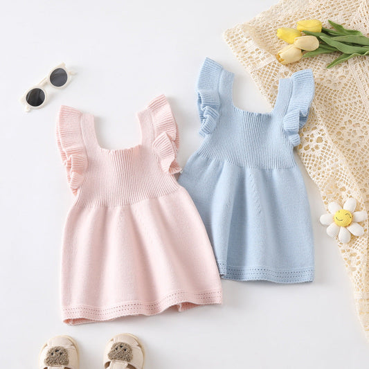 Arrival Summer Baby Kids Girls Plain Simple Solid Color Fly Sleeves Knitted Dress-0