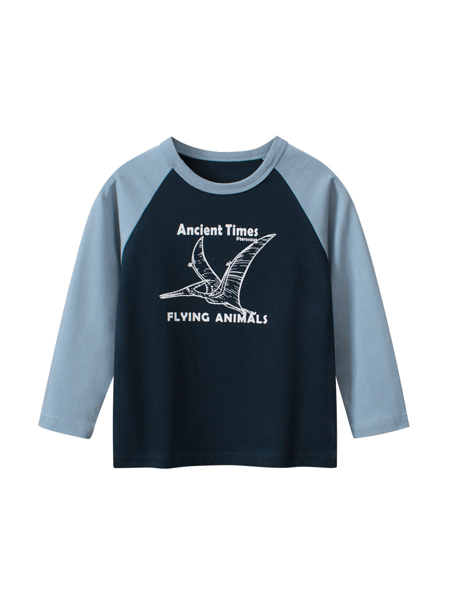 Autumn Baby Boys Letters and Lion Print Color Patchwork Long Sleeves Crew Neck Base Top Shirt-0